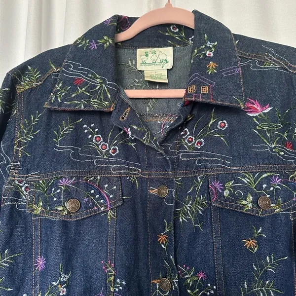 Quacker Factory Jacket Embroidered Floral Blue Denim Jean Trucker Women's Size L - Image 2