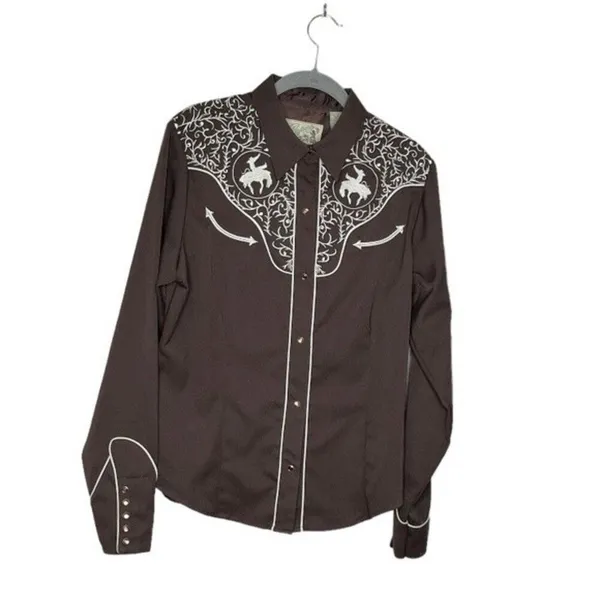 ROPER Brown Bucking Bronc Embroidered Western Snap Shirt Vintage Size Large - Image 4