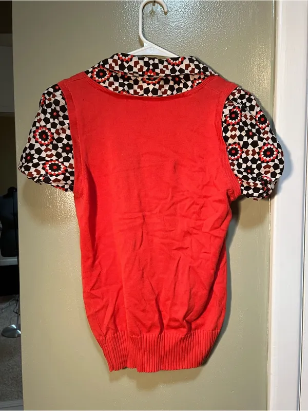 Tory Burch Women's Size Medium Twofer Sweater Blouse Coral Geometric‎ Collared - Image 5