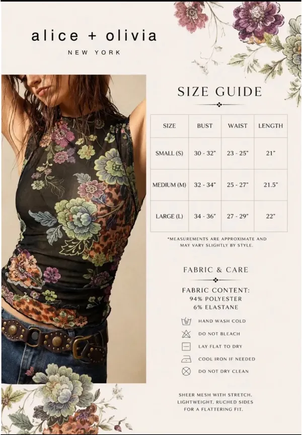 Alice + Olivia Sheer Ruched Floral Mesh Tank NWT Boho Chic Statement Piece Sz M - Image 3