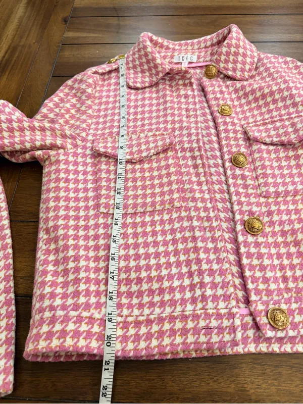 TCEC Pink Tweed Houndstooth Blazer Jacket & Skort Shorts Set Metallic Gold M - Image 10