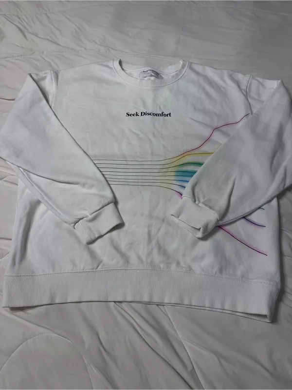 Seek Discomfort Women's Cream Graphic Sweatshirt with Rainbow Detail - Size XL - Image 3
