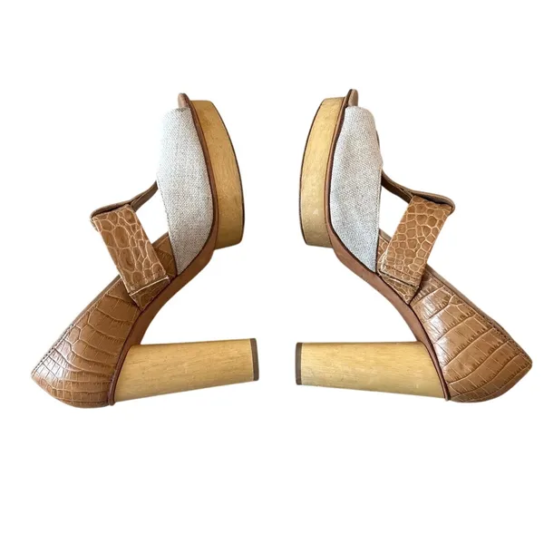 Tory Burch Georgina Linen Platform Heels Croc Leather Peep Toe‎ Sz 9 - Image 8