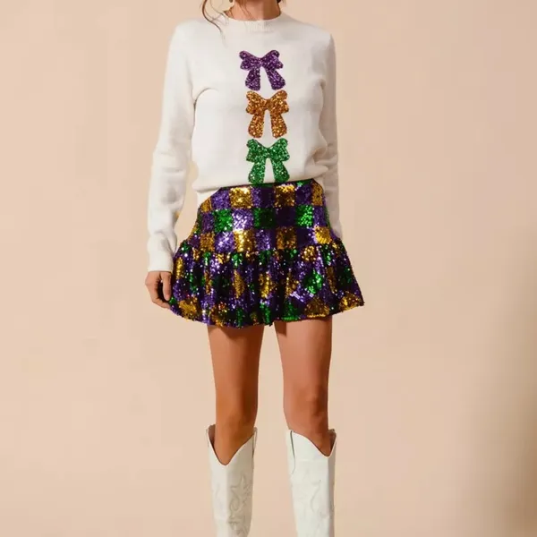 SO‎ ME Mardi Gras Checker Sequins Mini Skirt Size L - Image 8
