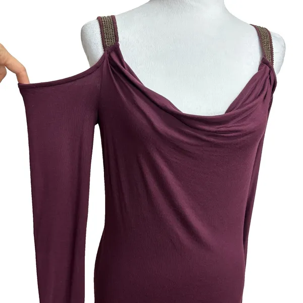 Rock &‎ Republic Cold Shoulder Top Burgundy Cowl Neck Metallic Straps Edgy S - Image 2