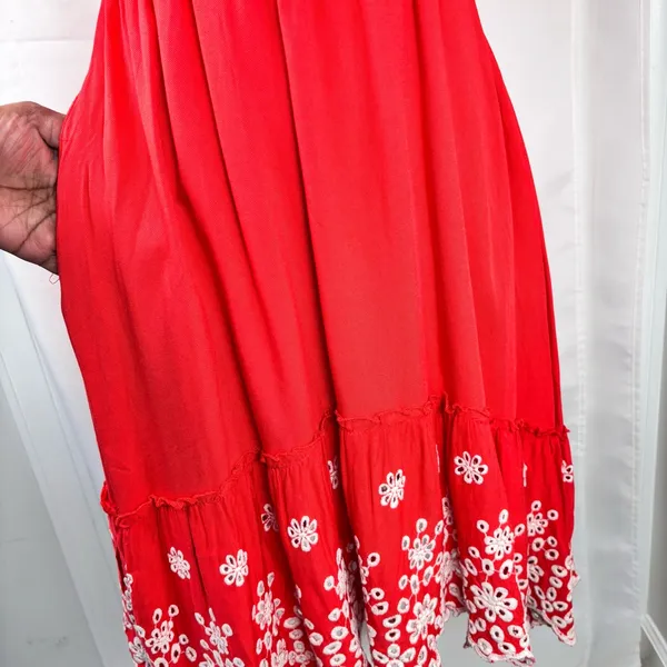 SOLITAIRE Red Summer Dress Women’s Size Medium Boho Eyelet Hem Ruffle Sleeve - Image 8