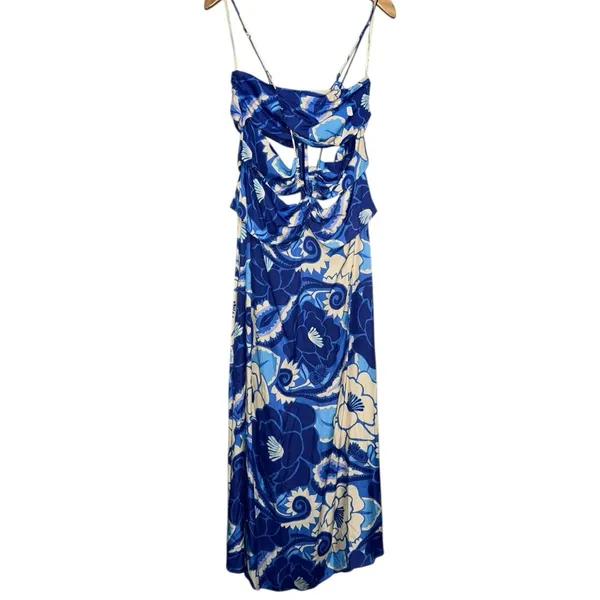 FARM Rio NWT Women’s Size L Blue White Tropical Groove Cutout Detail Midi Dress - Image 9