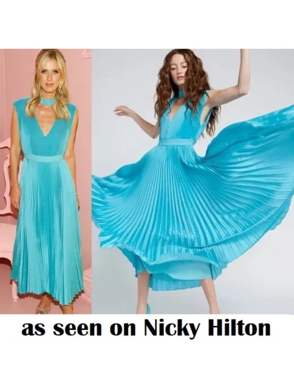 Alice + Olivia Joleen V Neck Pleated Skirt Handkerchief Midi Dress Teal Blue 4 - Image 11