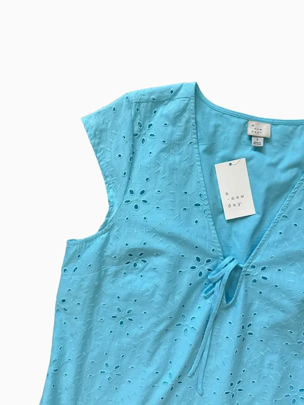 NWT A New Day Eyelet Mini Dress Blue V-Neck Tie Front Size Large - Image 11