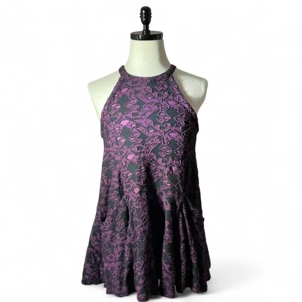 Free People Dark Textured Lace Halter Mini Whimsigoth Dress Small Fit Flare Boho - Image 2