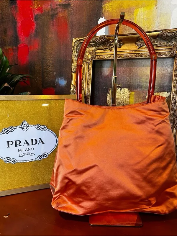 Vintage Prada Coral Orange Satin Bag Plexiglass Handle Made in Italy - Image 7