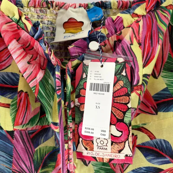 Farm Rio for Anthropologie Tropical Floral Smocked Linen Midi Dress XS - Image 11