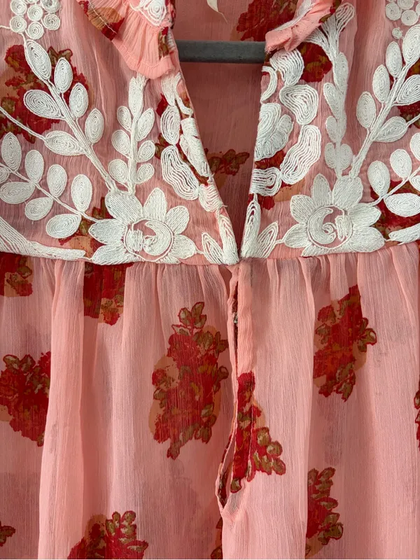 Free People Pink Red Patricia Floral Embroidered Sheer Long Sleeve Boho Blouse M - Image 3