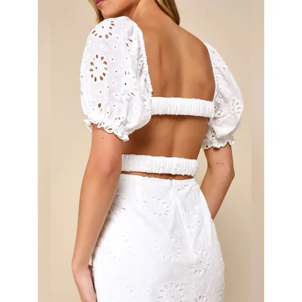 Lulu’s White Eyelet Puff Sleeve Cottagecore Midi Dress Women’s Size XS - Image 2