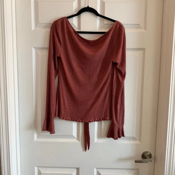 Free People‎ Tie Front Top Rose Gold Large Boho Festival Shimmer Bell Sleeve - Image 4