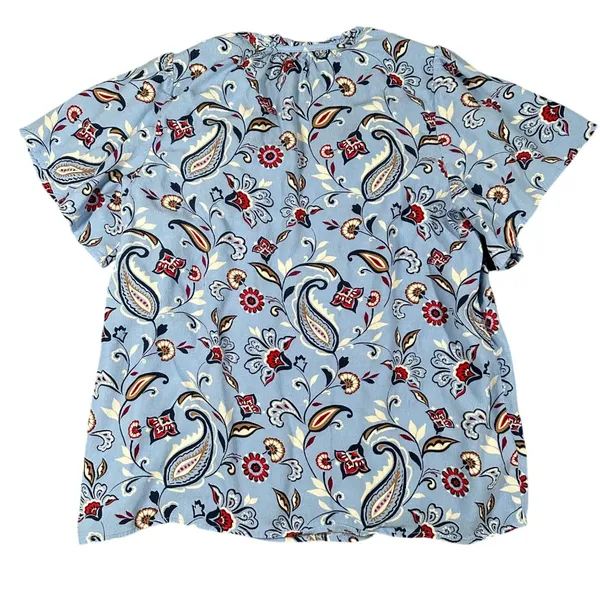 LOFT Womens M Light Blue‎ Paisley Ruched Ruffle Tie Neck Top Blouse Lightweight - Image 11