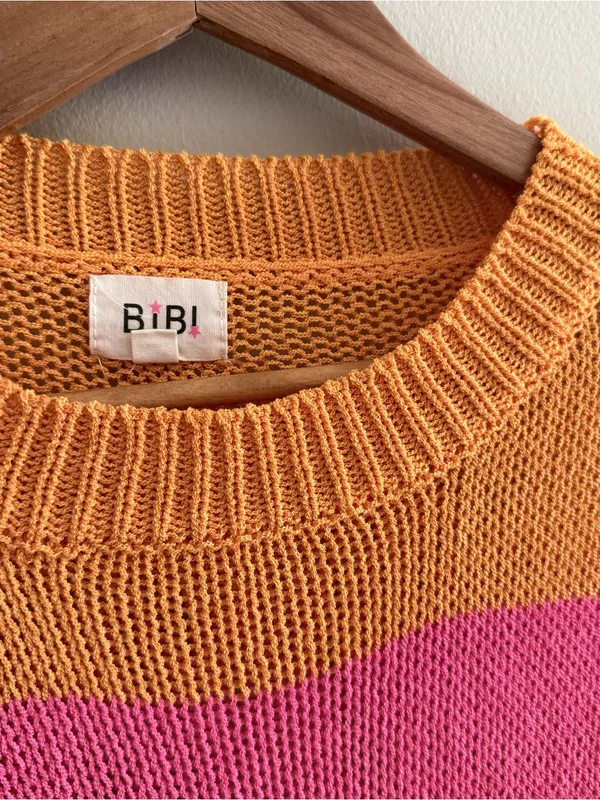 Bibi Orange & Pink Striped Knit Short Sleeve Sweater Medium - Image 3
