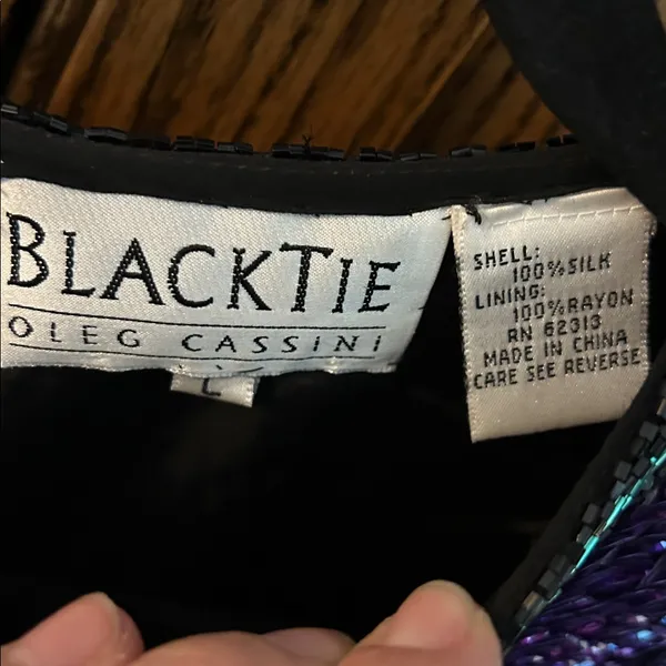 Black Tie Oleg Cassini sequin beaded blouse top VTG‎ teal sparkle cocktail Large - Image 3