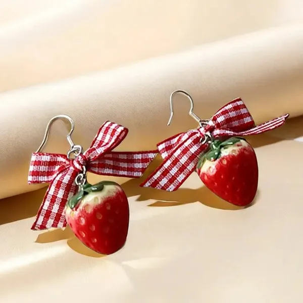 Strawberry Earrings with Red Gingham Bows - Image 6