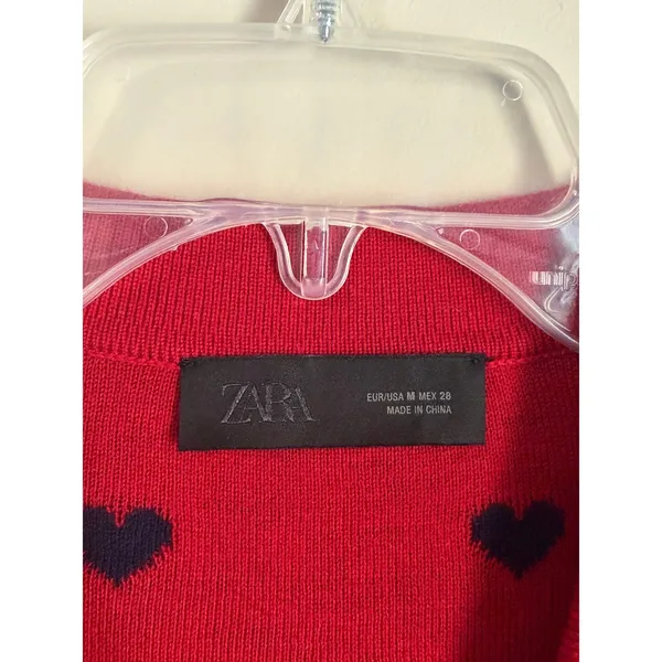 Zara Heart Print Cardigan Sweater Women M Navy Blue Red Polo Polka Dots JACQUARD - Image 5