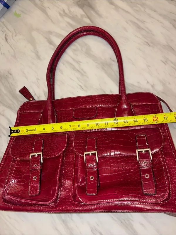 Red Croc Embossed Satchel Handbag 3 Buckle Pockets Structured Tote - Image 10