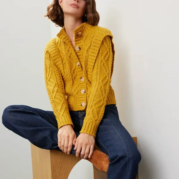 Central Park West Mustard Cable Knit Cardigan Sweater SMALL Cottage Prairie $181 - Image 3