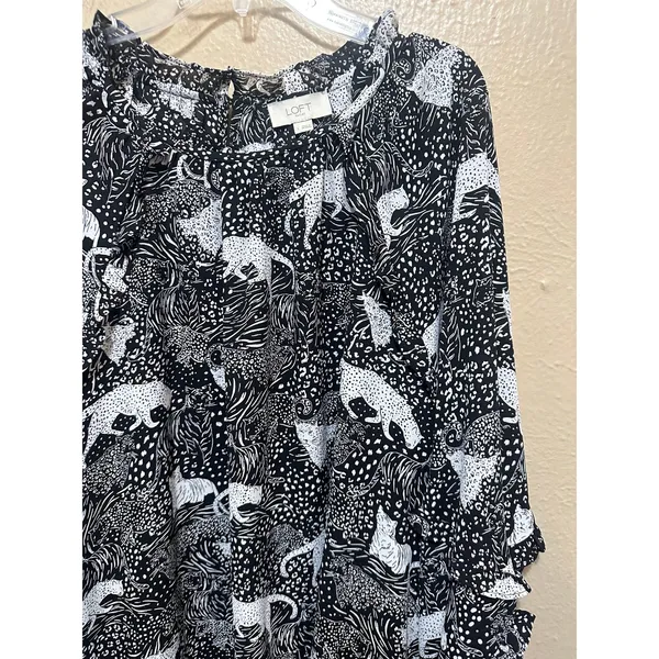 Loft Outlet Womens Size L Black White Animal Print Ruffle Long‎ Sleeve Blouse - Image 4