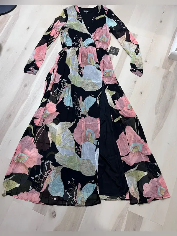 Lulus NWT Women Medium Black Pink Floral Lily Print Maxi Dress Summer Wedding - Image 8