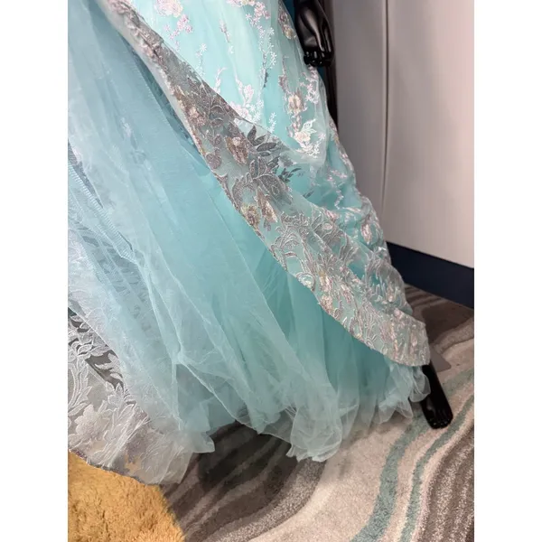 Morrell Maxie Size 4 Aqua White Floral Lace Off‎ Shoulder Formal Gown - Image 12