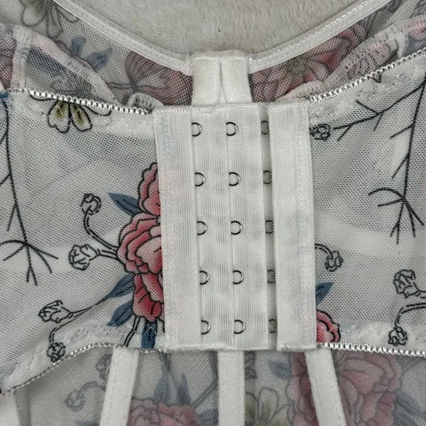 Floral Mesh Corset Top White Pink‎ Bustier Sweetheart Neckline Boning Size M - Image 4