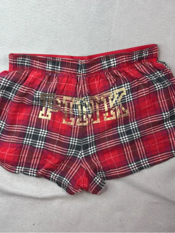 PINK Victoria's Secret XS Spellout Red Plaid Boxer Lounge Shorts with Gold Logo - Image 6