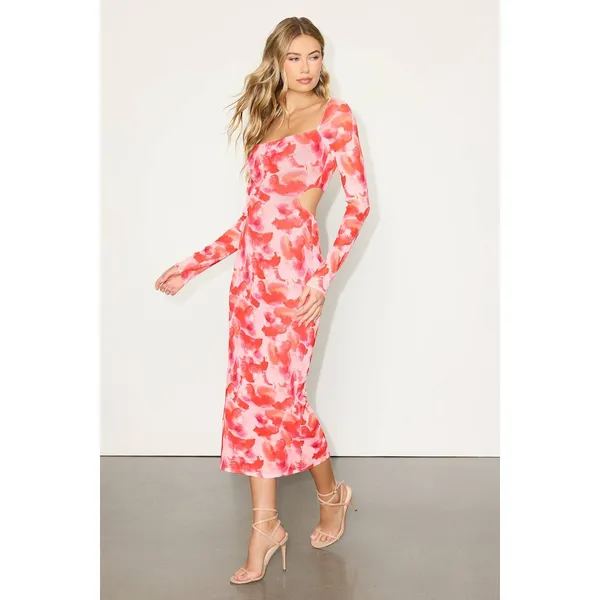 Lulus Dasia Pink and Red Abstract Print Mesh Cutout Midi Dress Large NWT - Image 4