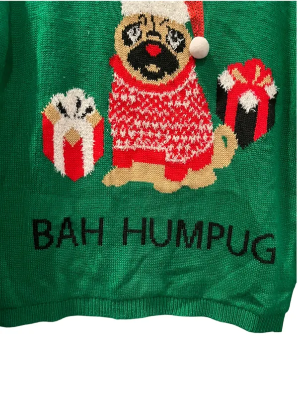 Jolt Bah Humbug Green Ugly Christmas Sweater Dog Santa Hat Women's Medium Sequin - Image 4