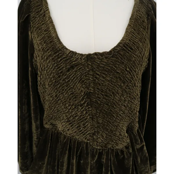 Free People Brown Bear Velvet‎ Smocked Mini Dress Long Sleeve Small - Image 10