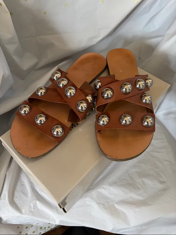 Marc Fisher Carmel Brown Leather Slide Sandals with Silver Stud Accents - Image 2
