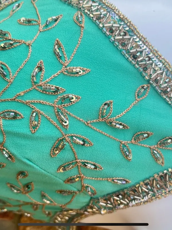 Vintage Stenay Green Gold Beaded Silk Fit & Flare Pleated Midi Dress Size 14 - Image 6