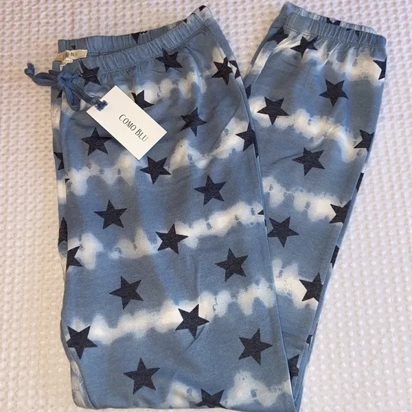 NEW! COMO BLU Loungewear Pajama Set Short Sleeve Top Joggers Sweats Blue Stars M - Image 5