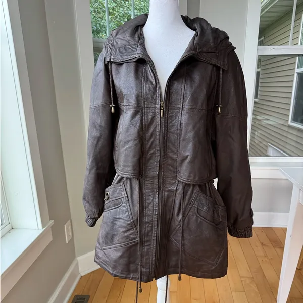 Vintage GIII Brown Genuine Leather Jacket Hooded Anorak Trench Coat Sz Small - Image 4