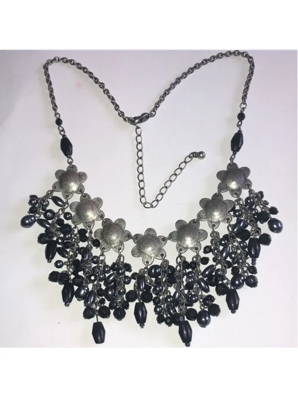 Gunmetal Gray Dark Black Metal Floral Beaded Boho Statement Necklace - Image 6