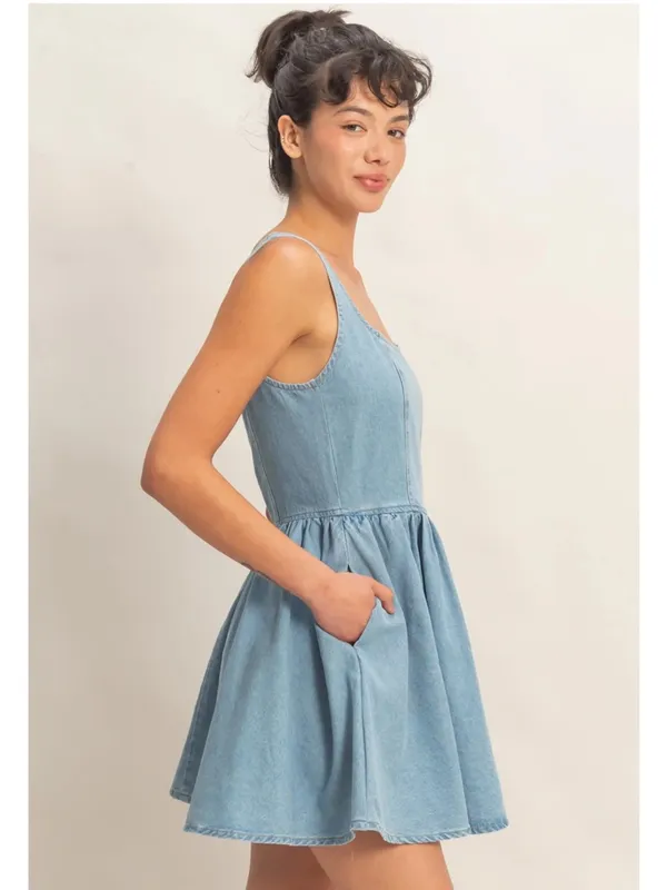 NEW Double Zero Scoop Neck Denim Mini Dress Large 100% Cotton Size L - Image 2