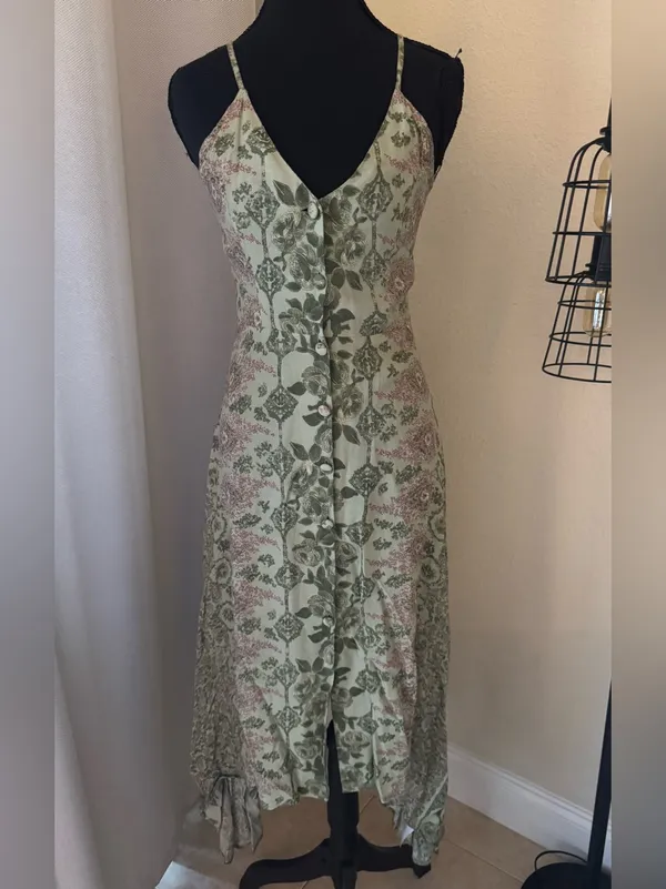 Reformation Green Floral Midi Dress Handkerchief Hem Button Front Size 2 - Image 2