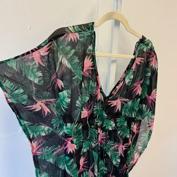 Miken Swim Tropical Bird of Paradise Floral Sheer Beach Cover Up Black Medium - Image 3