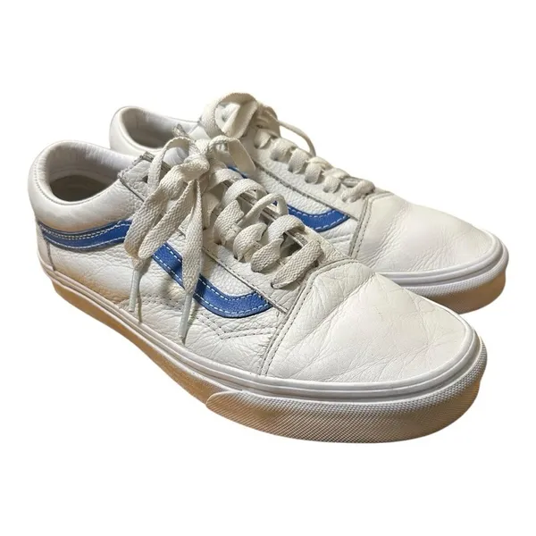 Vans Old Skool Leather White Blue Stripe Low Top Sneakers Womens 9 Mens 7.5 EU40 - Image 2