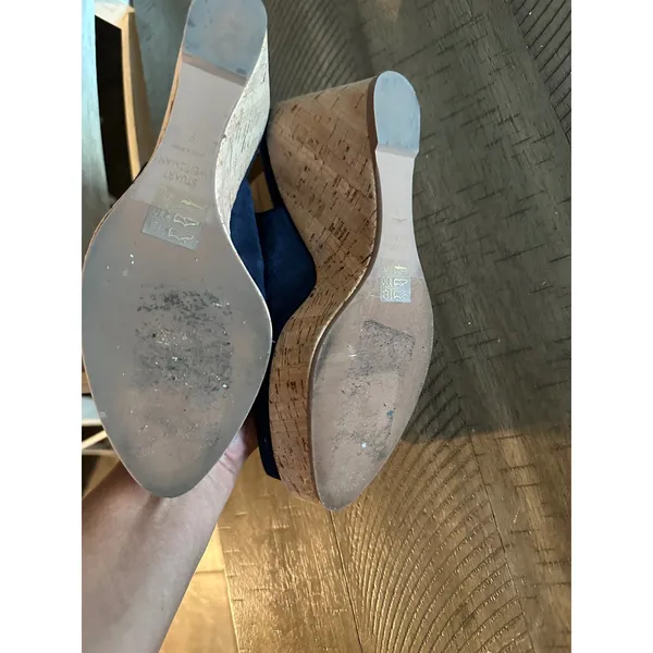 Stuart Weitzman Navy‎ Suede Peep-Toe Cork Wedge Slingback Sandals - Size 9b - Image 3