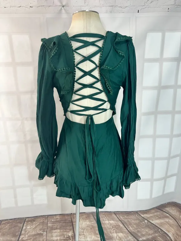 Altar’d State Green V-Neck Lace Up Back Ruffle Layered Mini Dress Size Medium - Image 5