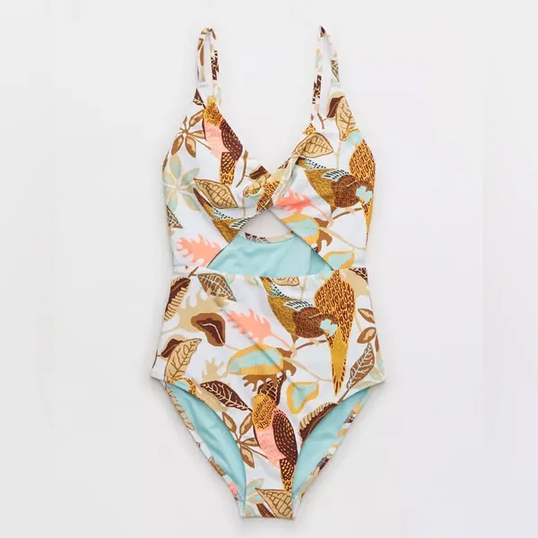 NEW Aerie Twist Front Floral Leaf Cut Out One Piece Swimsuit Size Small - Image 4