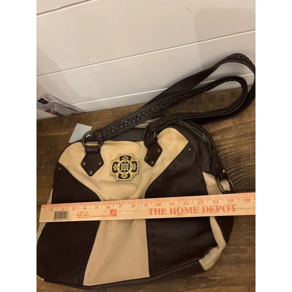 Kate Landry Brown Leather Tan Canvas Shoulder Bag Crest Braided Straps Boho - Image 10