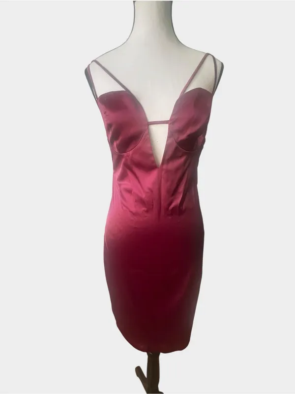 Miss Circle Burgundy Wine Satin Plunge Cutout Bodycon Midi Dress Small - Image 7