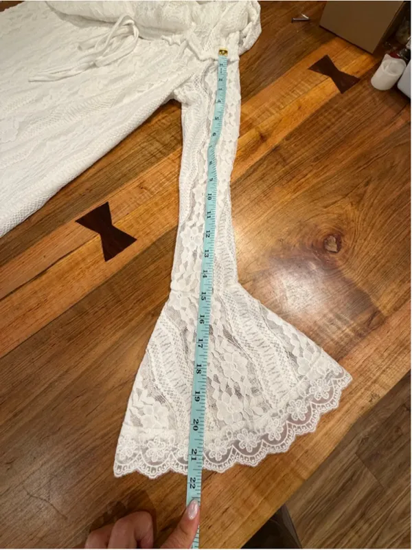 White Lace Off Shoulder Maxi Dress Bell Sleeve Wedding Bridal Slit Boho Medium - Image 9