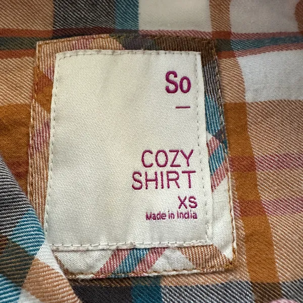 SO flannel button front Juniors xs Shirt Blue, cream, orange and maroon plaid flannel - Image 6